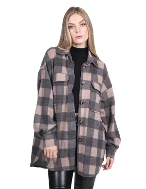 Chamarras Para Mujer Chaqueta Oversize Comodo Manga Larga Con Estampado de Cuadros Con Bolsas Q33100 Beige