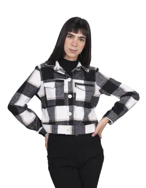 Chamarras Para Mujer Corta Estampado De Cuadros Con Bolsas Negro Q23105