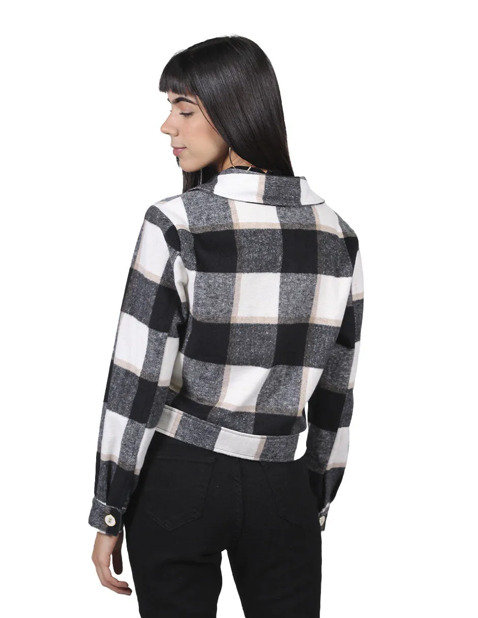 Chamarras Para Mujer Corta Estampado De Cuadros Con Bolsas Negro Q23105