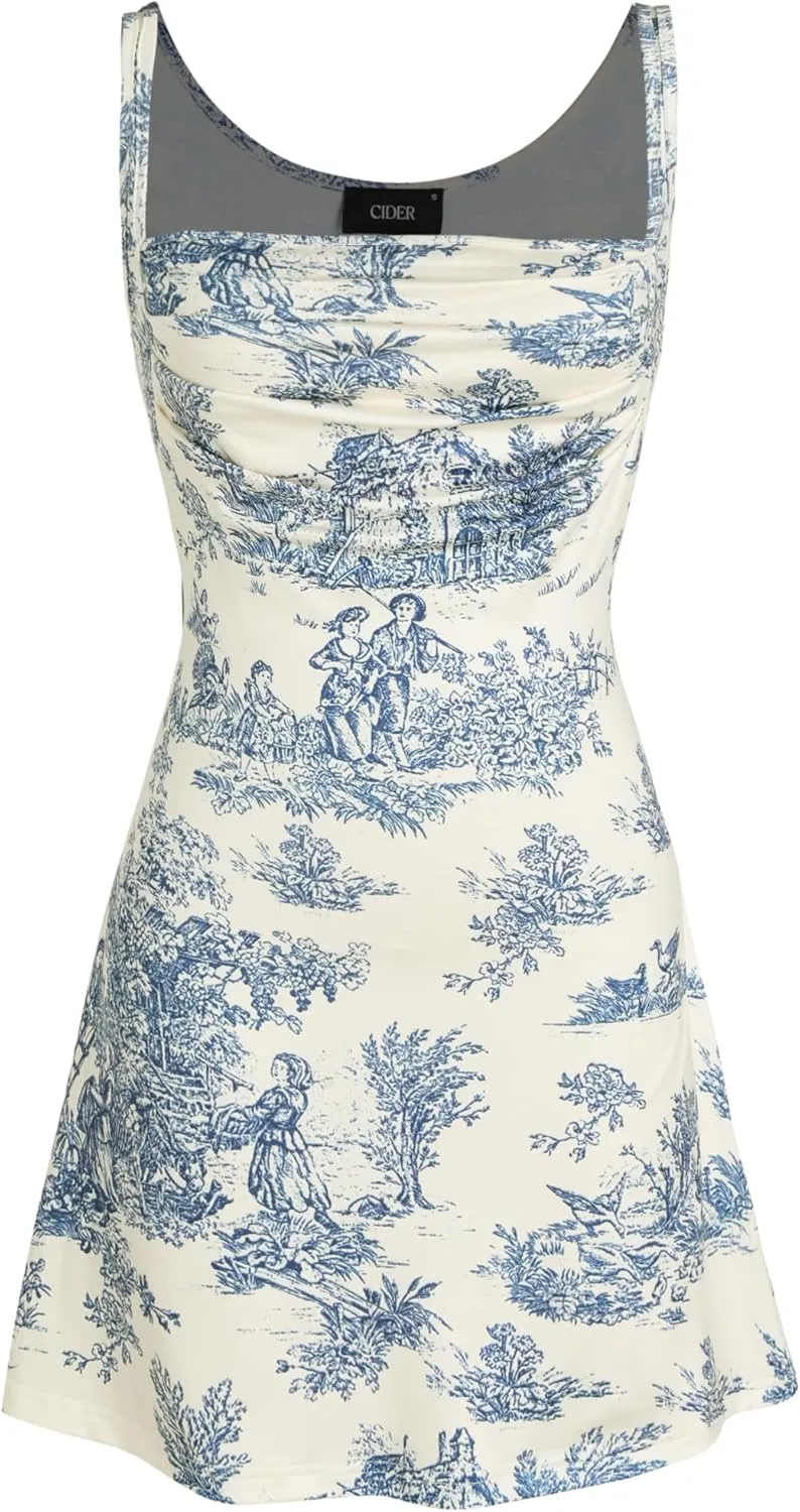 CIDER Women A-Line Mini Dresses Square Neck Ruched Floral Fit and Flare Casual Summer Semi Formal Dress