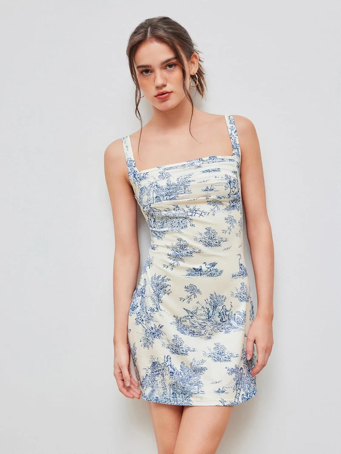 CIDER Women A-Line Mini Dresses Square Neck Ruched Floral Fit and Flare Casual Summer Semi Formal Dress