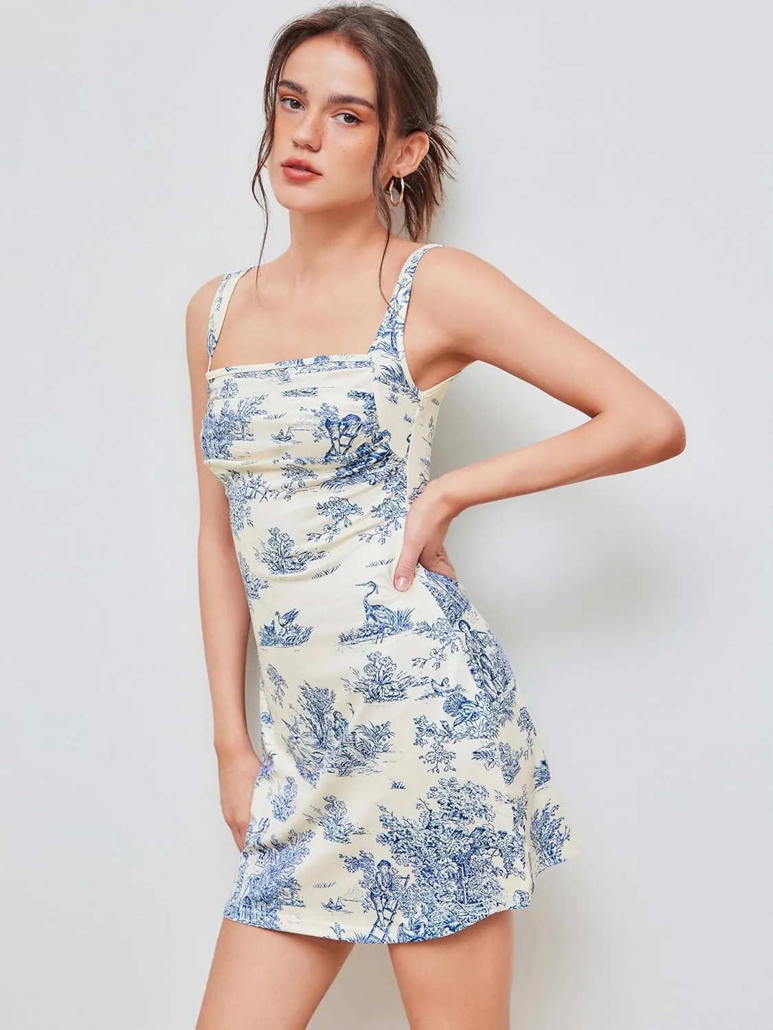 CIDER Women A-Line Mini Dresses Square Neck Ruched Floral Fit and Flare Casual Summer Semi Formal Dress