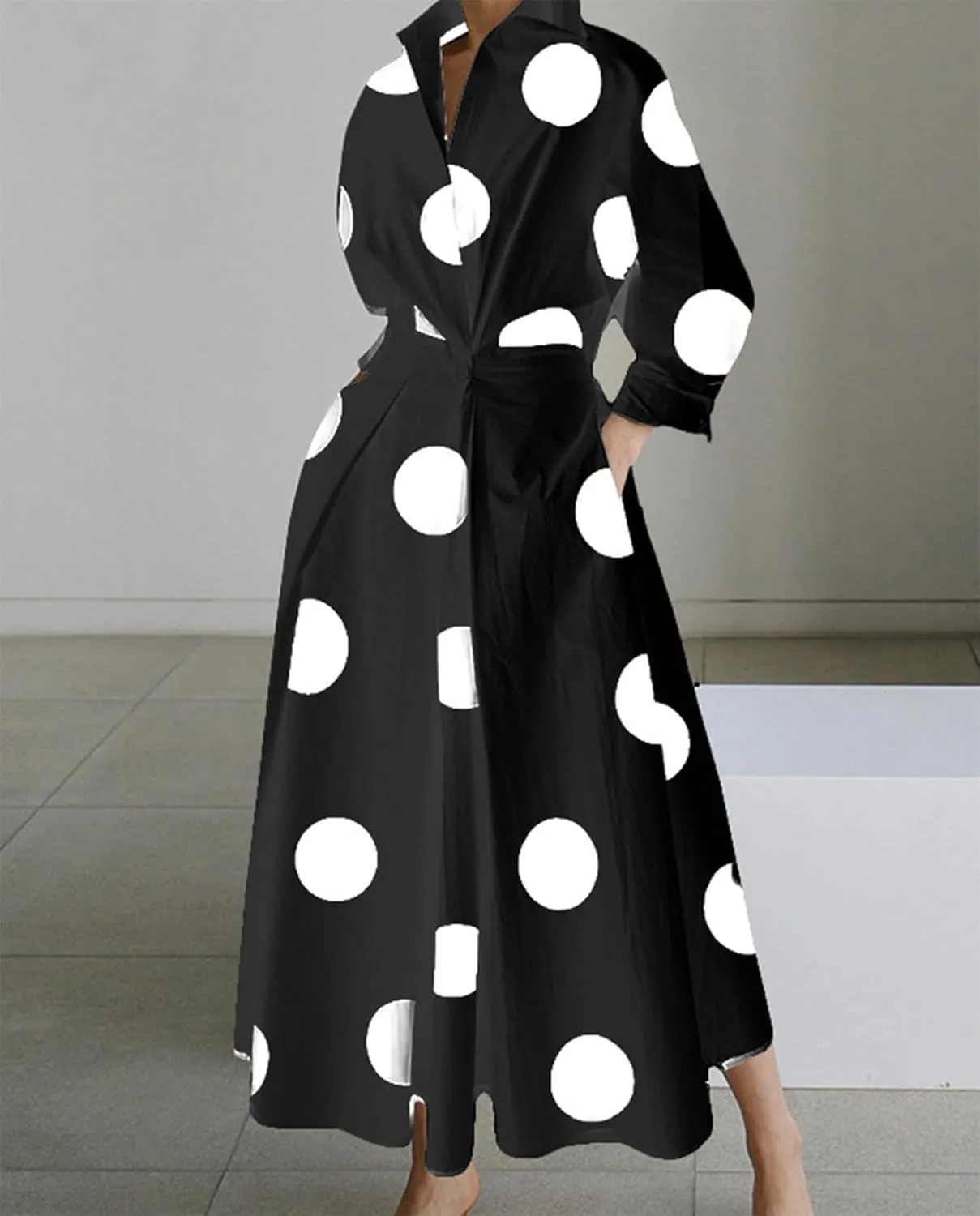 Costaric Cotton Shirt Dress for Womens Pleated Button Long Dress Long Sleeve A-line Loose Swing Dress with Pockets