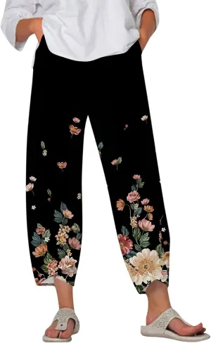Cotton Linen Pants Women Petite Boho Summer Casual Baggy Beach Capris Lounge Lightweight Loose Fit Harem Trousers