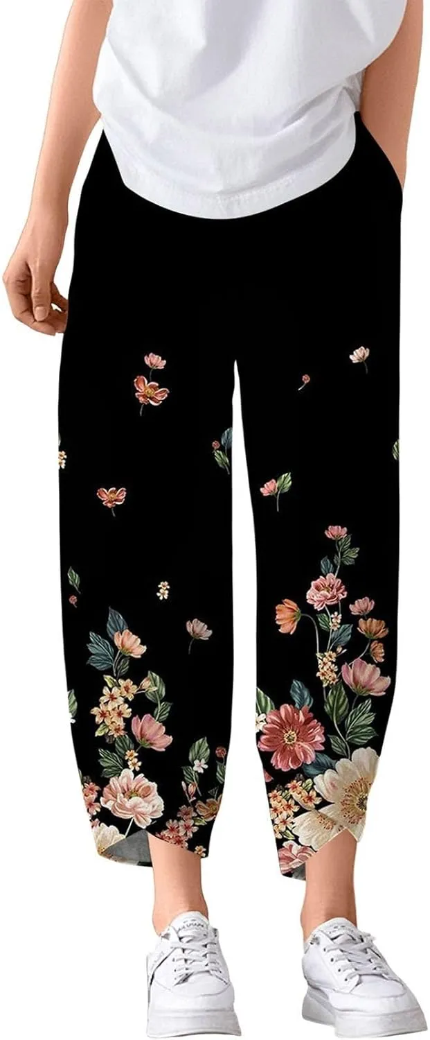 Cotton Linen Pants Women Petite Boho Summer Casual Baggy Beach Capris Lounge Lightweight Loose Fit Harem Trousers