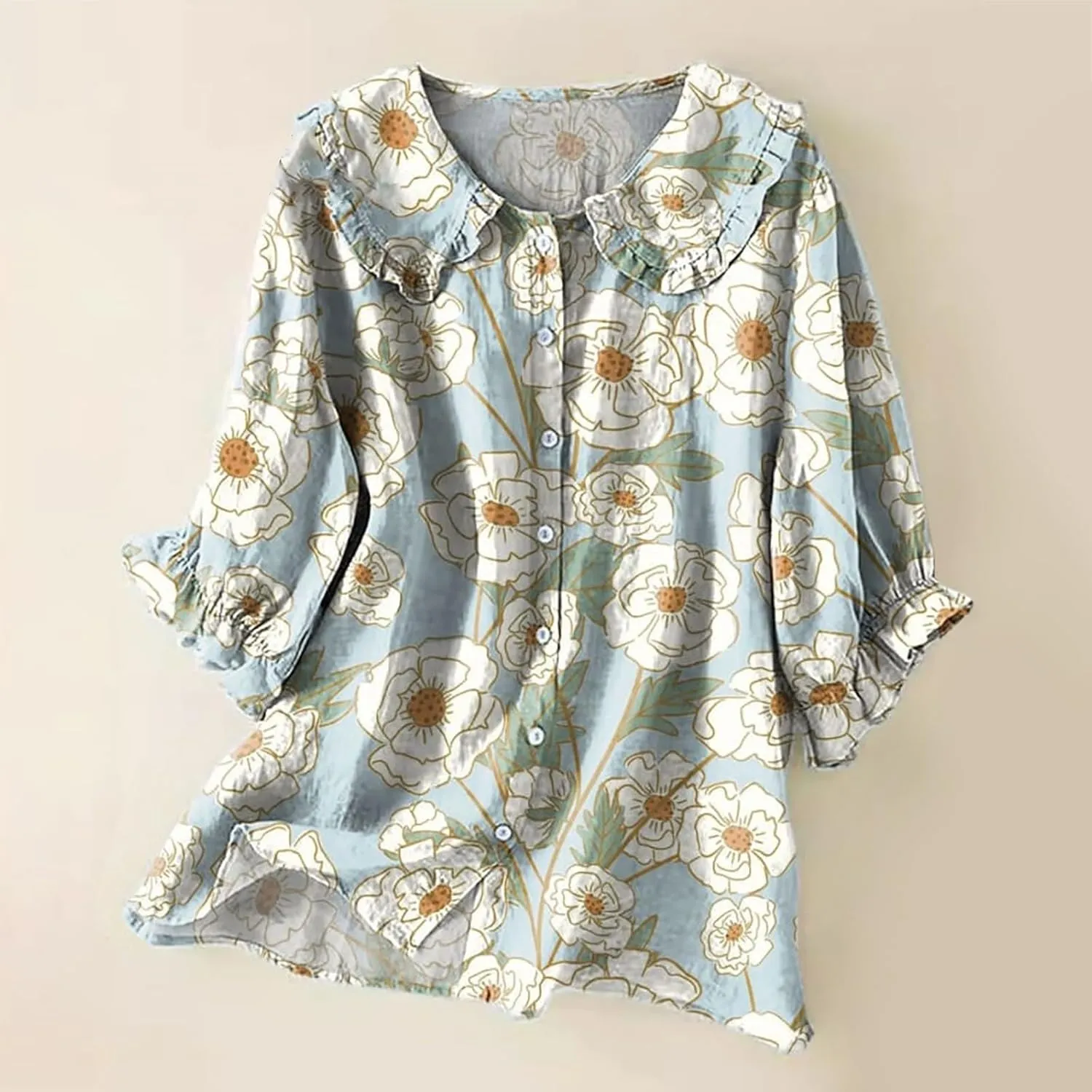 Cotton Linen Shirts for Women 2025 Ethnic Floral Printed Flowy Tops Boho 3/4 Puff Sleeve Button Lapel Gauze Tunics