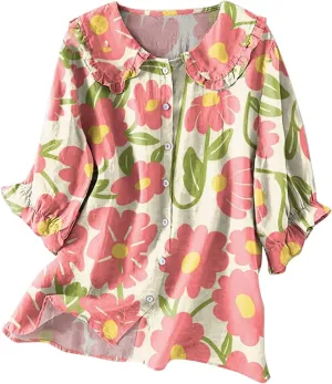 Cotton Linen Shirts for Women 2025 Ethnic Floral Printed Flowy Tops Boho 3/4 Puff Sleeve Button Lapel Gauze Tunics