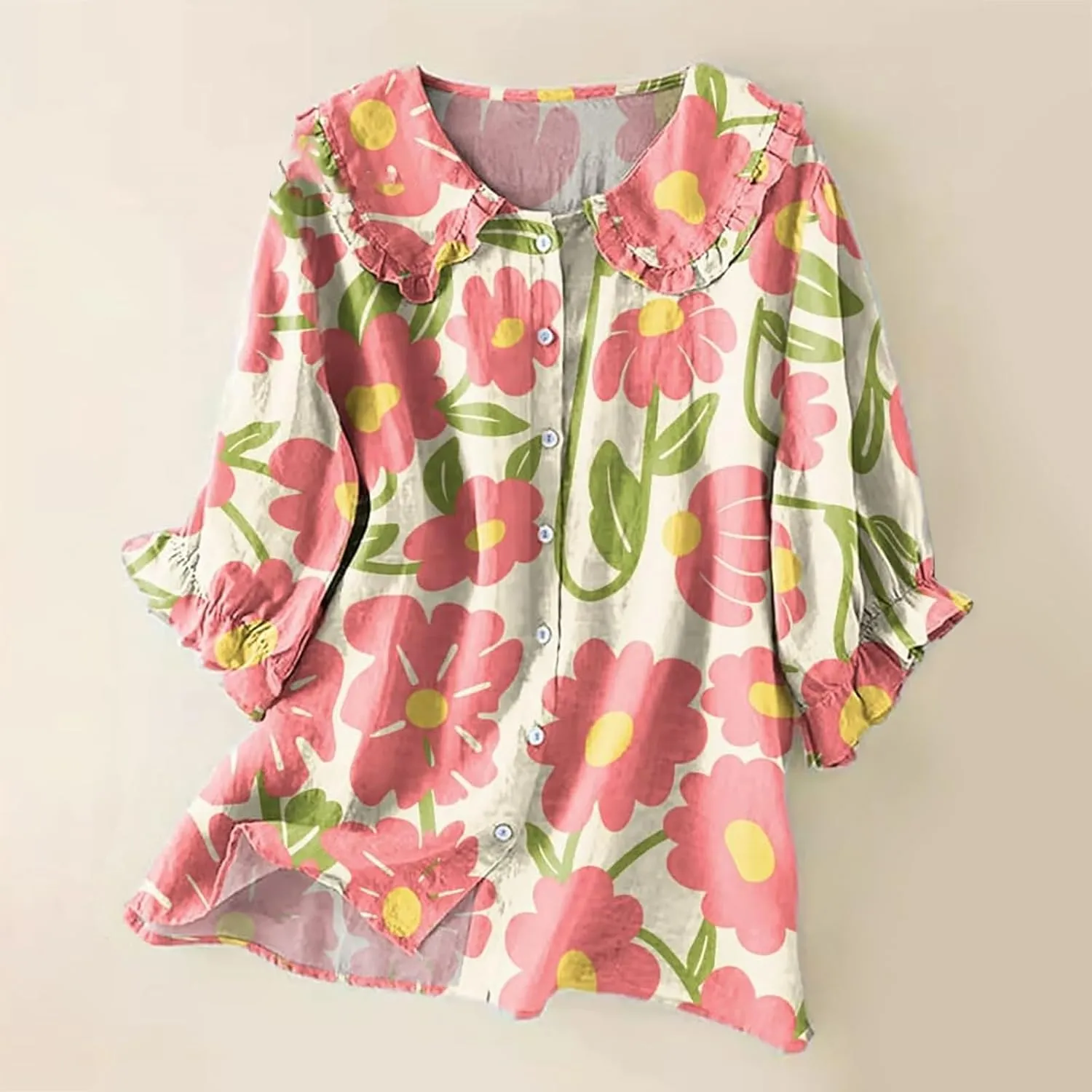 Cotton Linen Shirts for Women 2025 Ethnic Floral Printed Flowy Tops Boho 3/4 Puff Sleeve Button Lapel Gauze Tunics