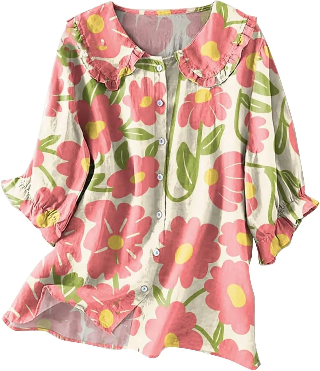 Cotton Linen Shirts for Women 2025 Ethnic Floral Printed Flowy Tops Boho 3/4 Puff Sleeve Button Lapel Gauze Tunics