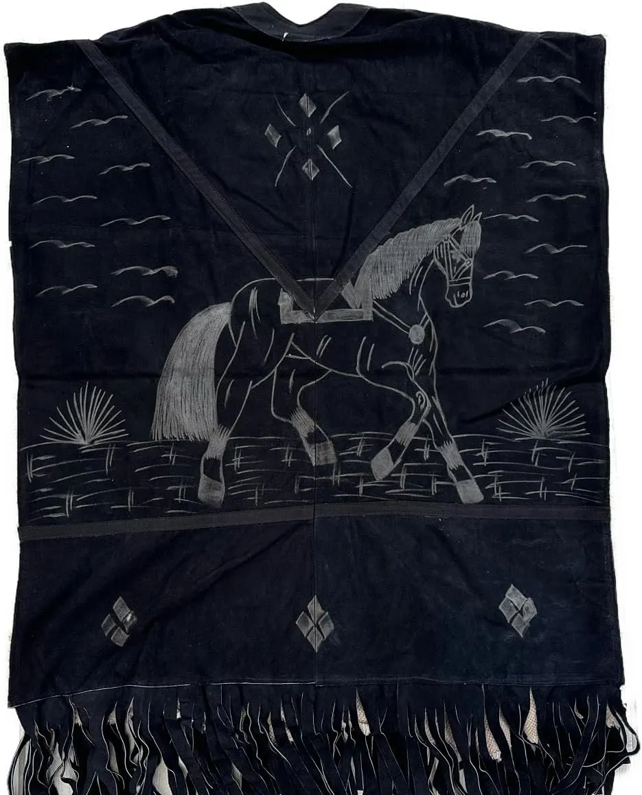 D'Classicos Authentic Western Suede Leather Poncho/Gaban with sheep wool fur inside Cowboy Mexican Zarape de piel