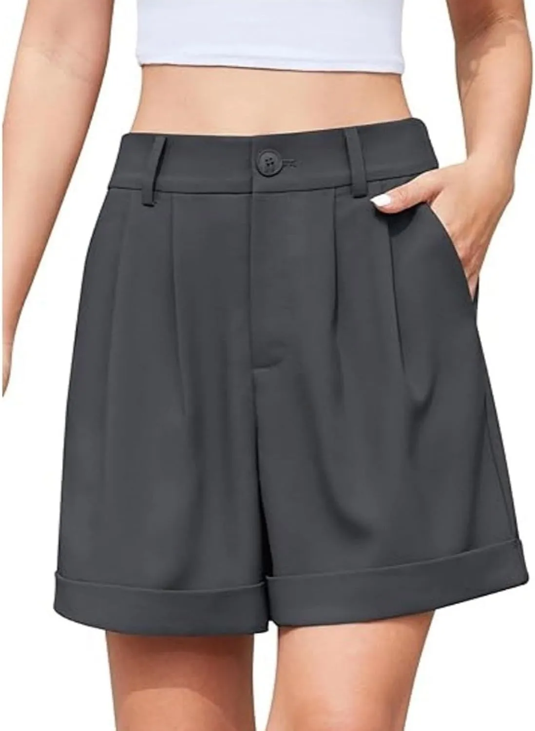 Dress Shorts for Women Dressy Casual Summer Pleated Tailored Back Elastic Waist Wide Legtrouser Shorts with Pockets