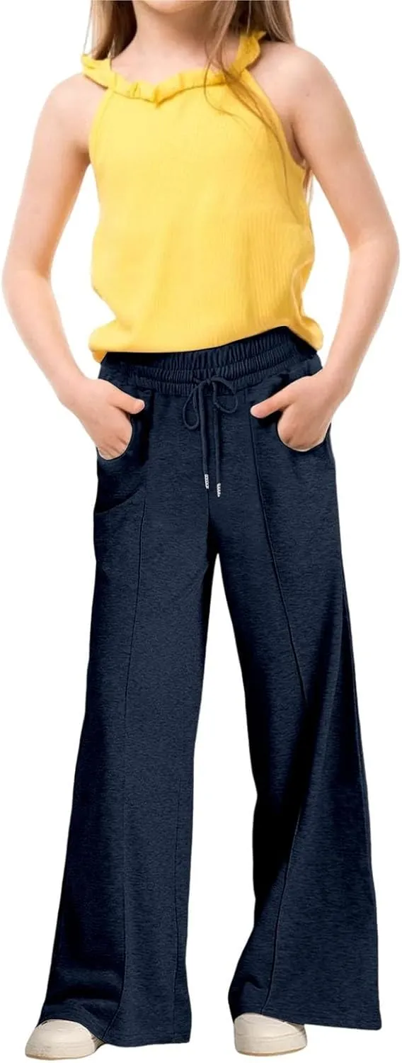 Girls Oversized Wide Leg Sweatpants Drawstring Kids Baggy Straight Leg Track Pants Casual Plain Pockets