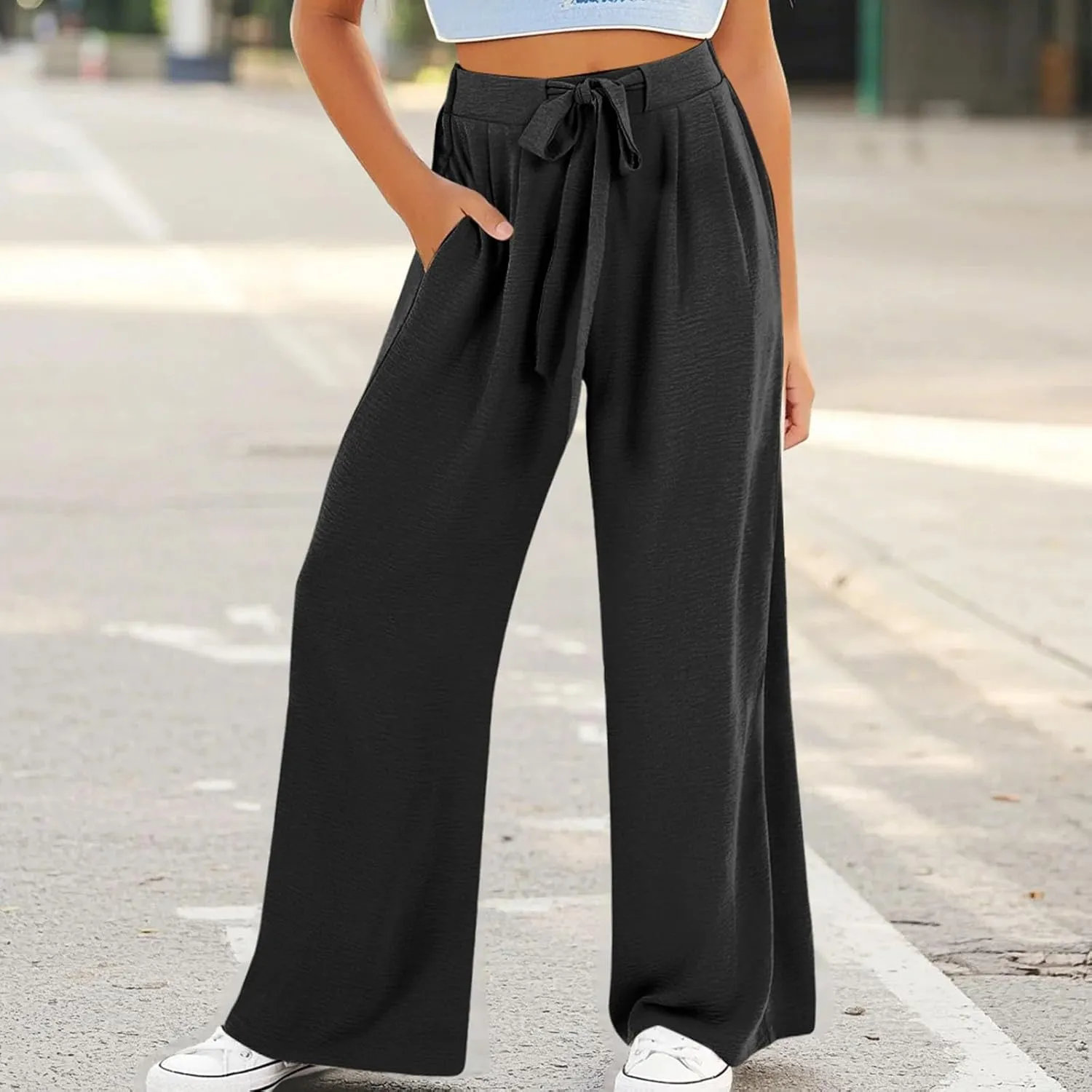 Girls Wide Leg Linen Palazzos Flowy Summer Casual Trousers Elastic High Waist Solid Color Pants