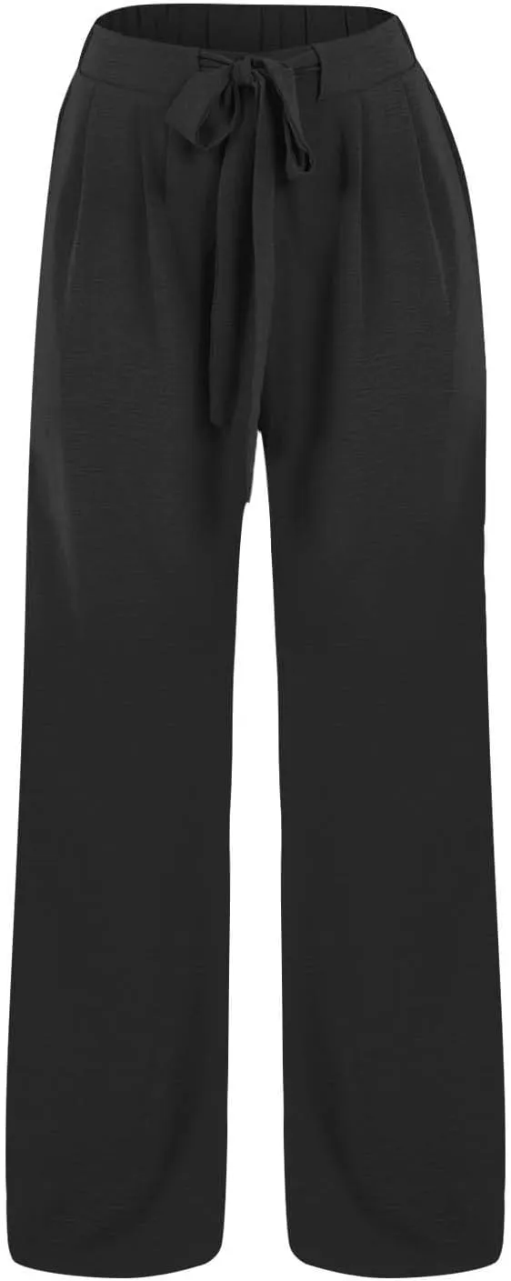 Girls Wide Leg Linen Palazzos Flowy Summer Casual Trousers Elastic High Waist Solid Color Pants