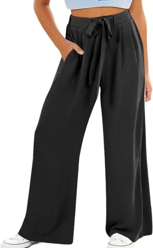 Girls Wide Leg Linen Palazzos Flowy Summer Casual Trousers Elastic High Waist Solid Color Pants