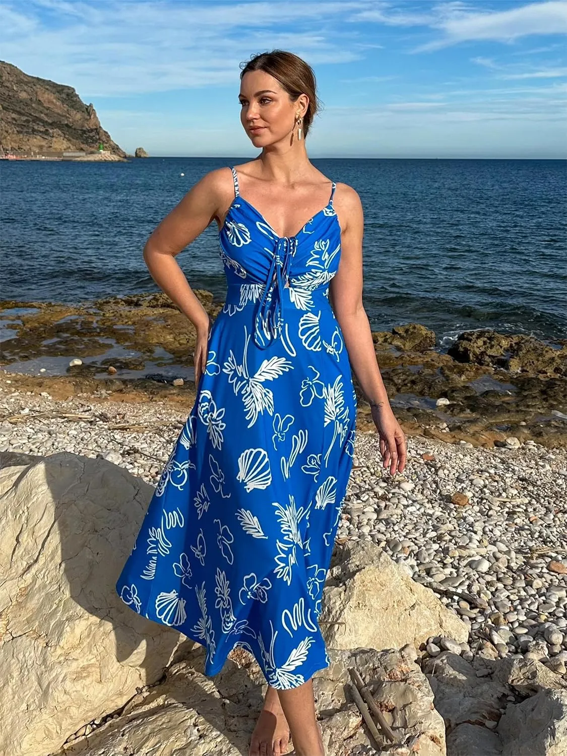 GRACE KARIN Womens 2025 Summer Beach Dress Boho Floral Dresses Spaghetti Strap V Neck Flowy Maxi Long Sundress with Pockets