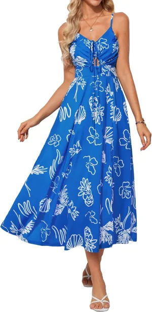 GRACE KARIN Womens 2025 Summer Beach Dress Boho Floral Dresses Spaghetti Strap V Neck Flowy Maxi Long Sundress with Pockets
