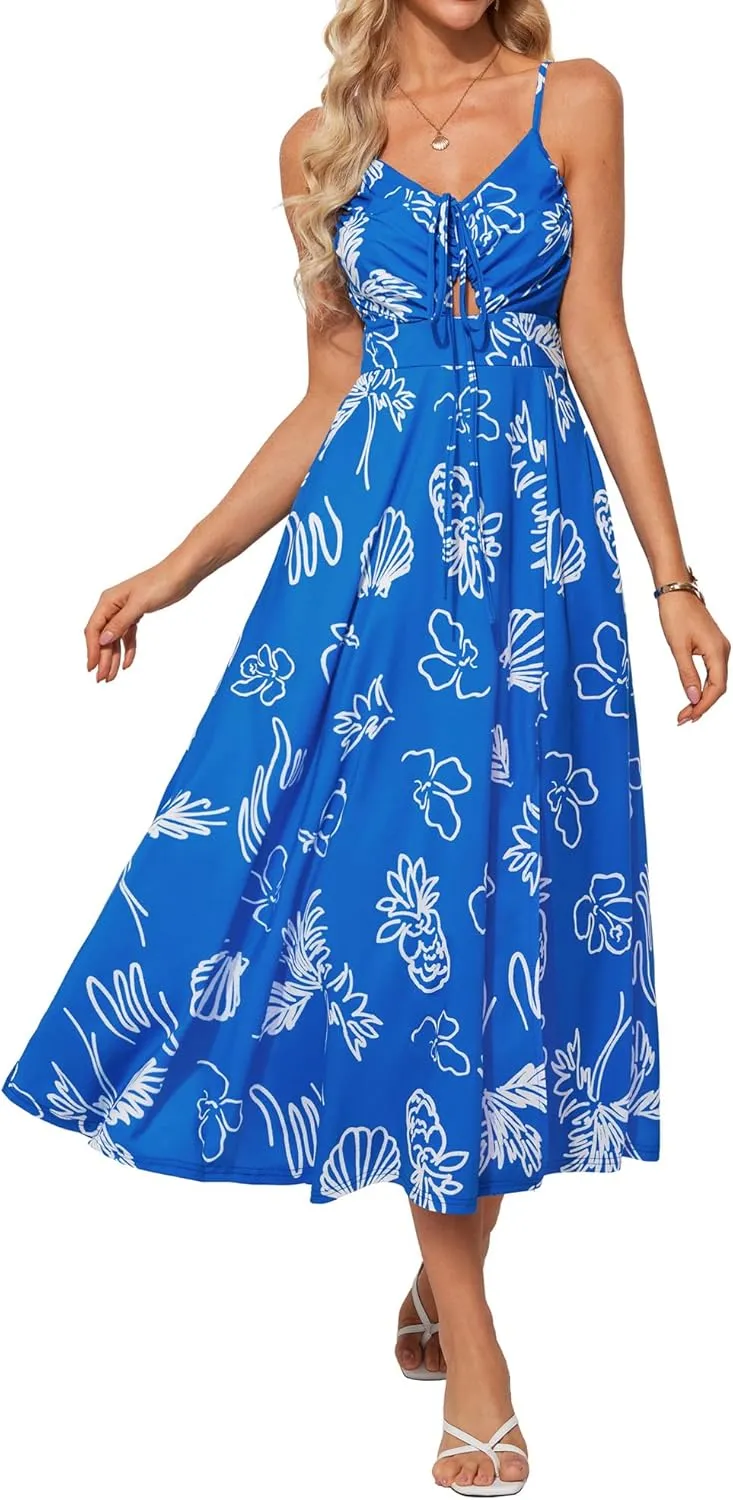 GRACE KARIN Womens 2025 Summer Beach Dress Boho Floral Dresses Spaghetti Strap V Neck Flowy Maxi Long Sundress with Pockets