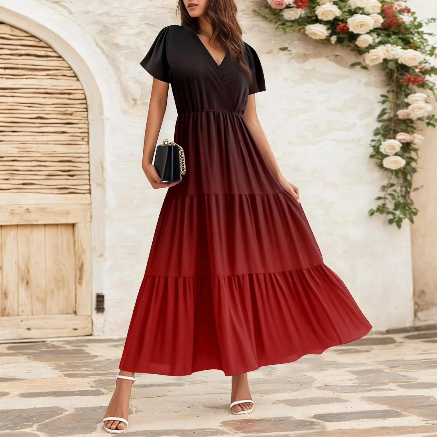 Graduation Dresses for Women 2025 Bell Short Sleeve Garden Party Dress Elegant Long Flowy Tiered Dress