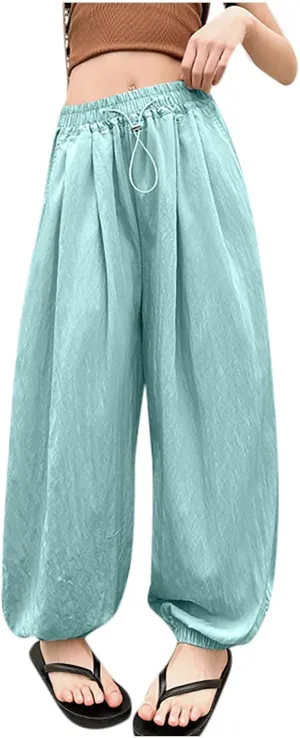 Jogger Pants for Girls Kids Summer Wide Leg Palazzo Pants Tween Girls 2025 Lightweight Casual Flowy Trousers Comfort