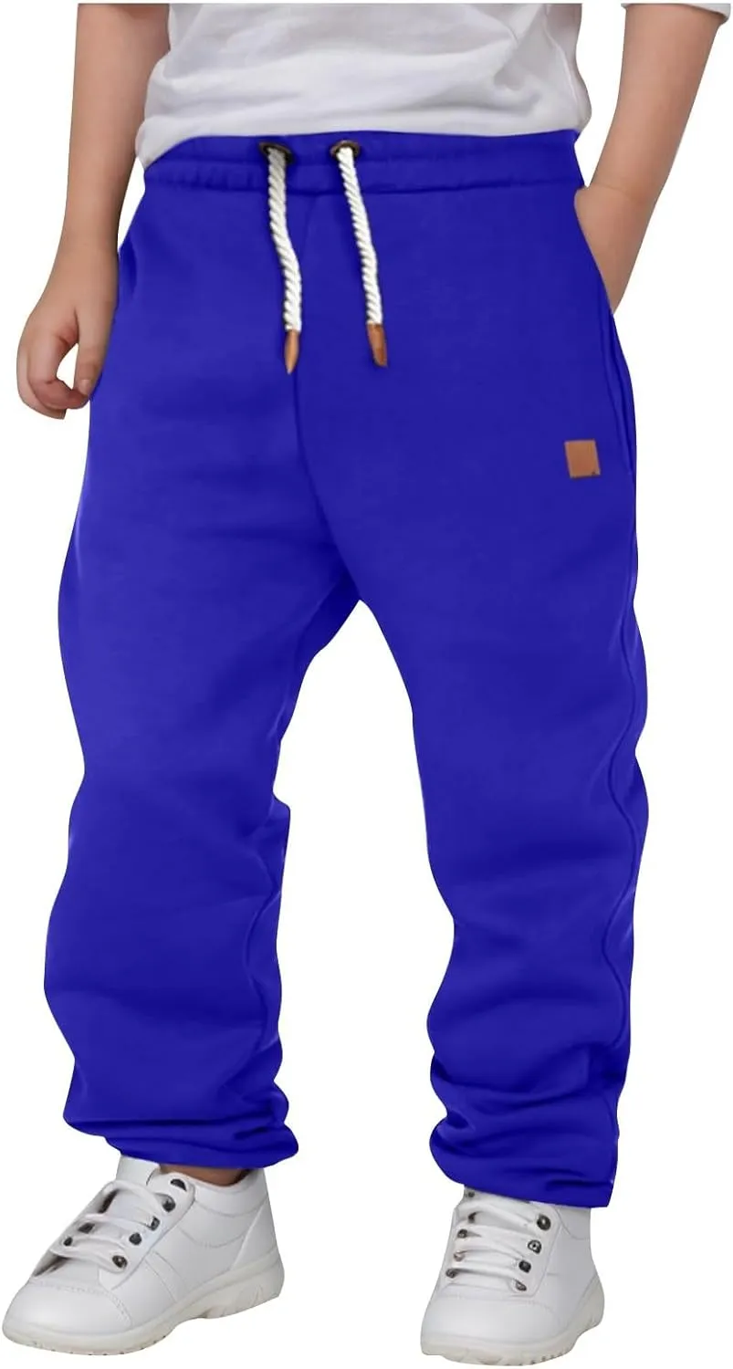 Kids Boys Jogger Pants Elastic Waist Solid Color Casual Pull on Trousers with Pockets Baggy Loose Comfy