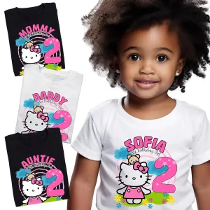 Kittys Birthday Girl Custom tshirt Family Personalized with age and name for birthday party, birthday girl t-shirt, Camiseta de personajes infantiles personalizada