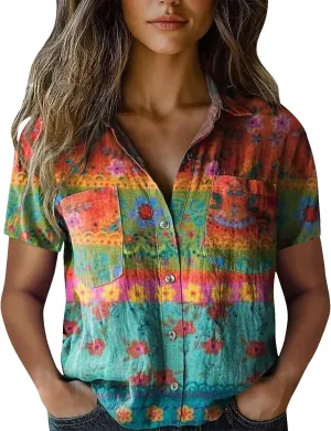 Linen Boho Tops for Women Hippie 2025 Summer Short Sleeve Button Up Shirts Vintage Floral Printed Loose Blouses