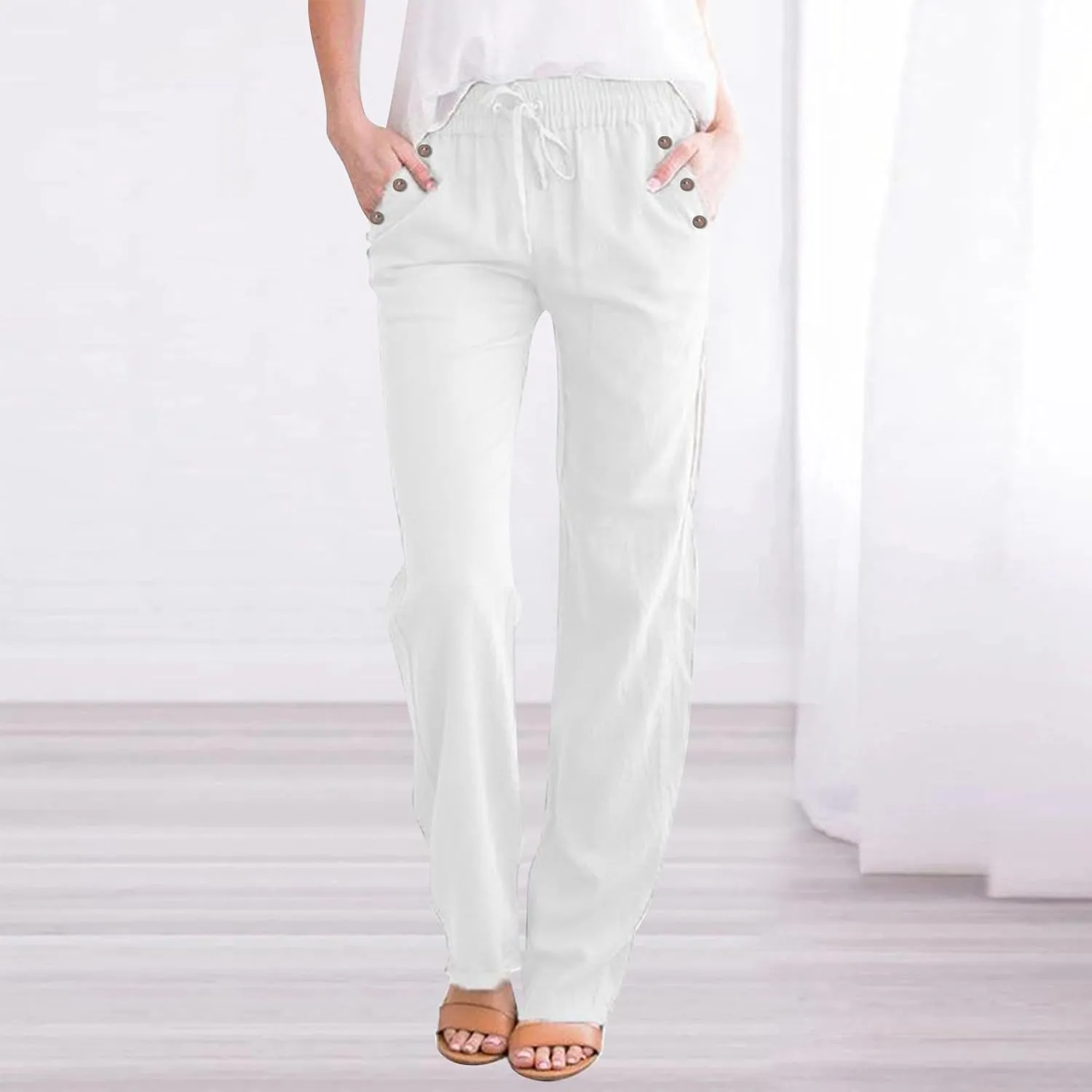 Linen Pants Women Straight Leg Lightweight Elastic Waist Pants Summer Relaxed Fit Plus Size Loose Trousers