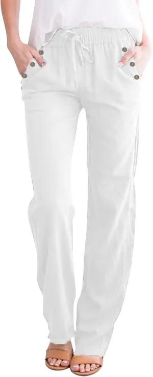 Linen Pants Women Straight Leg Lightweight Elastic Waist Pants Summer Relaxed Fit Plus Size Loose Trousers