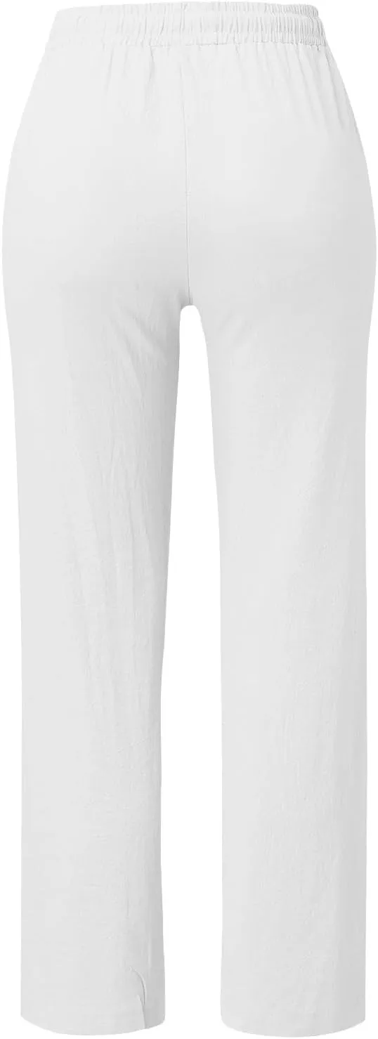 Linen Pants Women Straight Leg Lightweight Elastic Waist Pants Summer Relaxed Fit Plus Size Loose Trousers