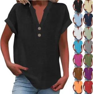 Linen Shirts for Women Cotton Button Up Shirt Summer Short Sleeve Roll Up Loose Fit V-Neck Casual Work Blouse Tops