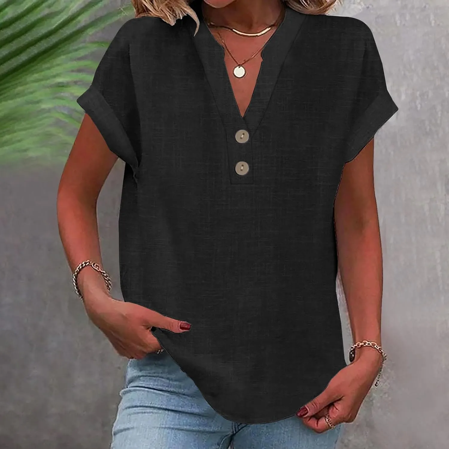 Linen Shirts for Women Cotton Button Up Shirt Summer Short Sleeve Roll Up Loose Fit V-Neck Casual Work Blouse Tops