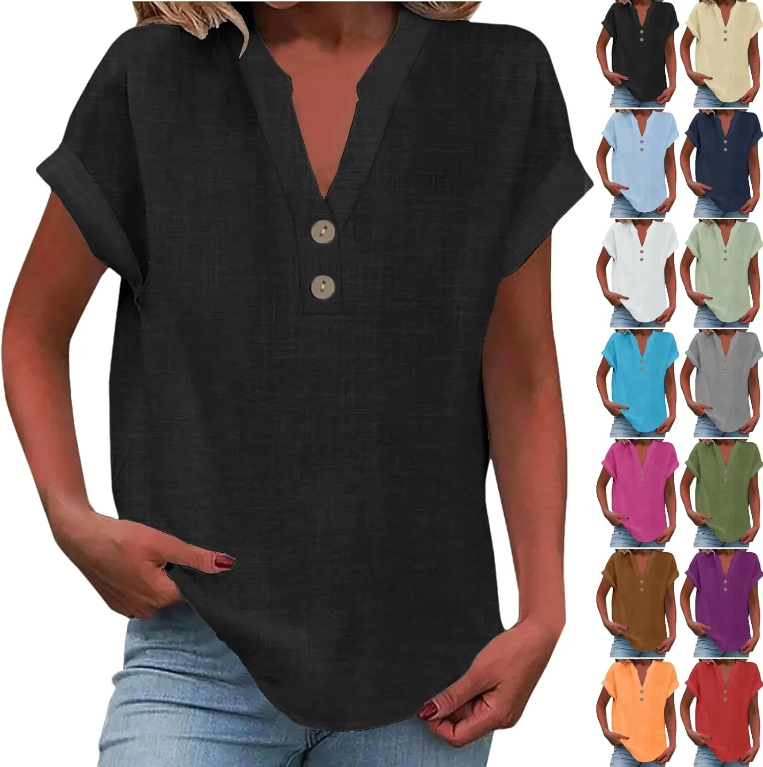 Linen Shirts for Women Cotton Button Up Shirt Summer Short Sleeve Roll Up Loose Fit V-Neck Casual Work Blouse Tops