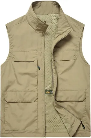 Men Causal Outdoor Vest Fishing Travel Photo Safari Vest Zip Up Stand Collar Quick-Dry Work Vest Jacket Multi Pockets