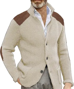 Men's Cable Knit Cardigan Sweater Western Vintage Button-Up Casual Chunky Thermal Sweatshirt Coats with Elbow Patches