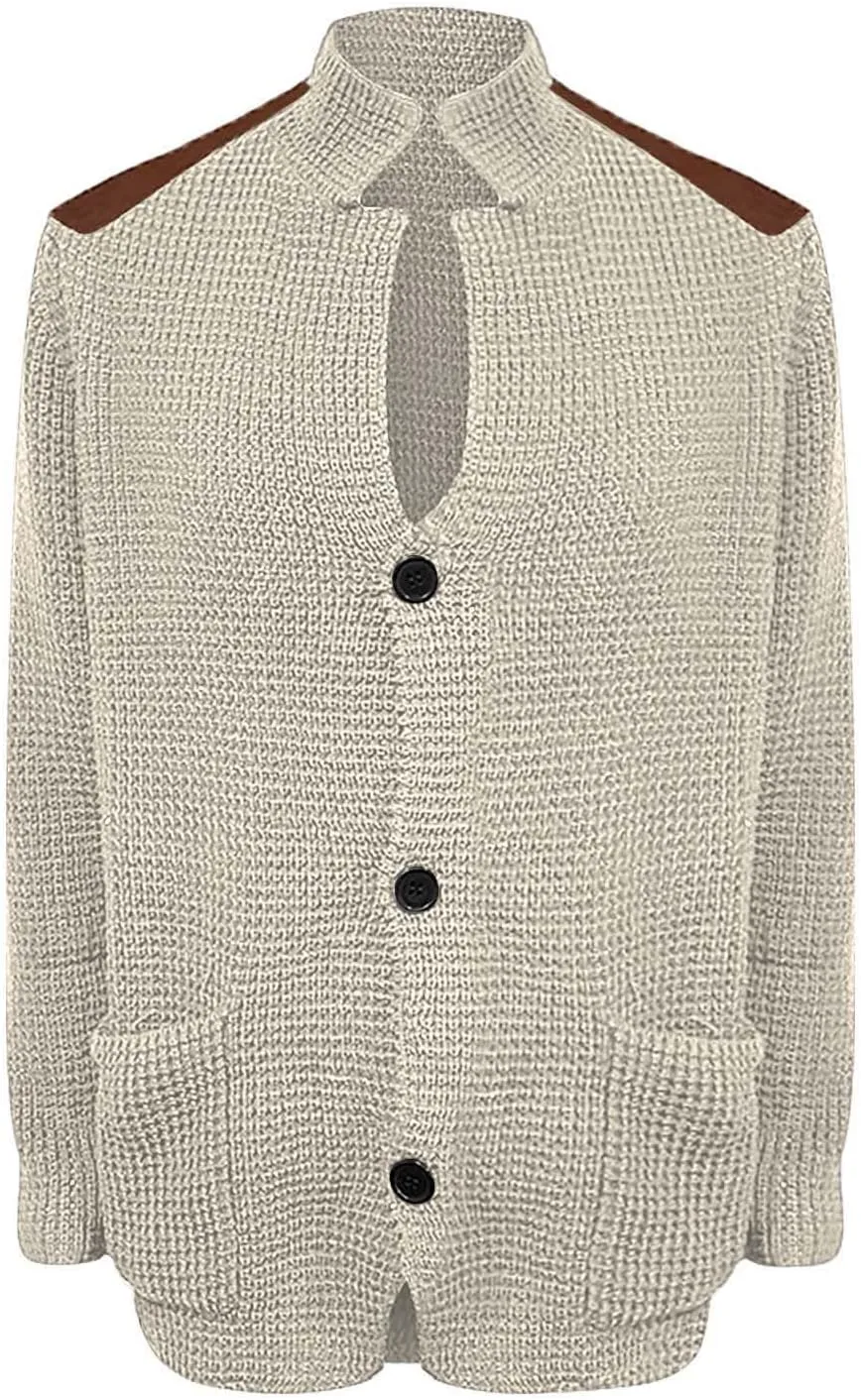Men's Cable Knit Cardigan Sweater Western Vintage Button-Up Casual Chunky Thermal Sweatshirt Coats with Elbow Patches