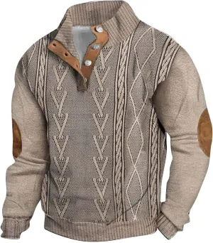 Men's Cable Knit Pullover Sweater Casual Long Sleeve Stand Collar Button Up Knitted Hen ley Pullover