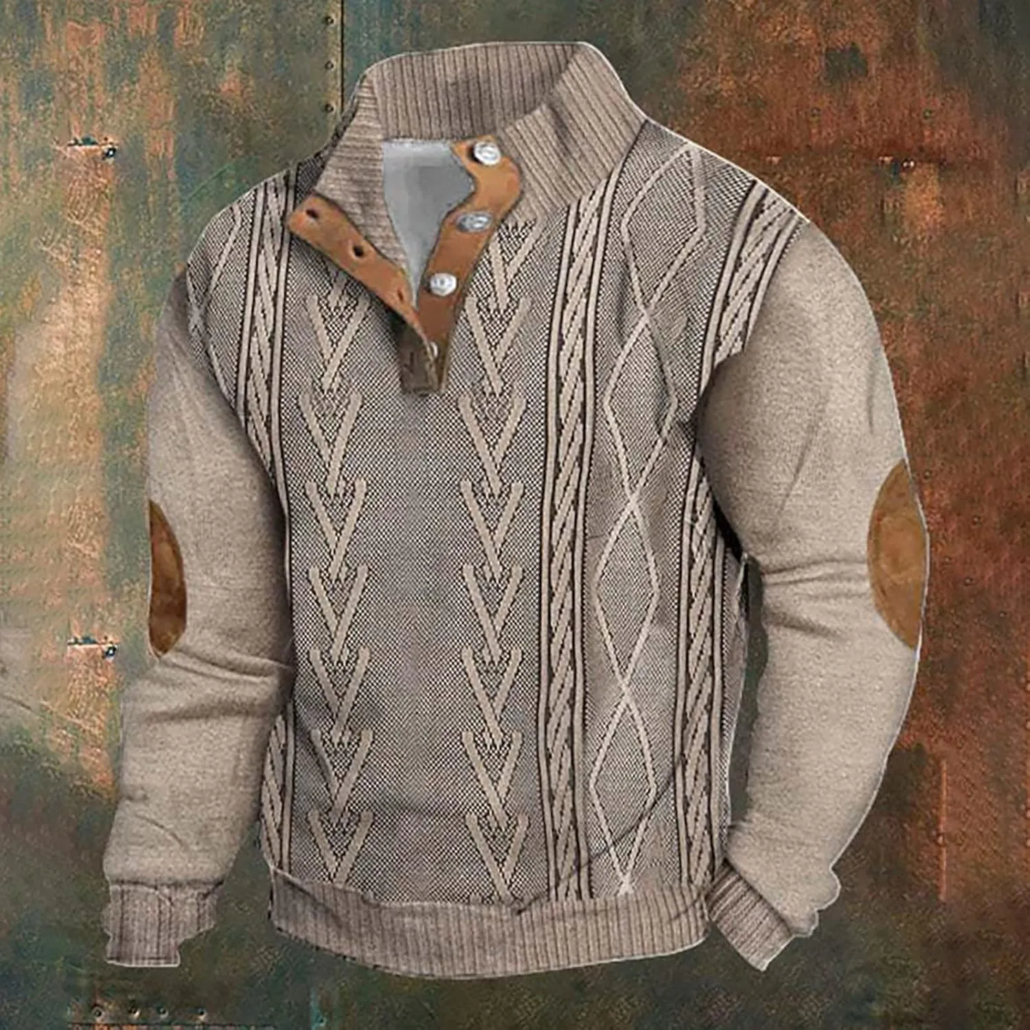 Men's Cable Knit Pullover Sweater Casual Long Sleeve Stand Collar Button Up Knitted Hen ley Pullover