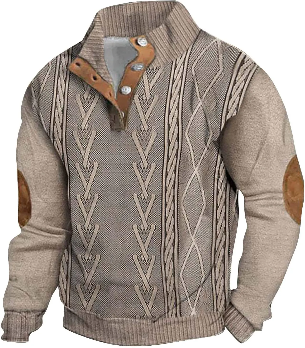 Men's Cable Knit Pullover Sweater Casual Long Sleeve Stand Collar Button Up Knitted Hen ley Pullover