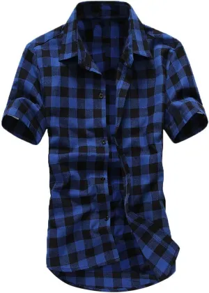 Men's Summer Casual Short Sleeve Buffalo Plaid Button Down Shirt Cotton Work Shirt Standard-Fit Poplin Checked Shirts