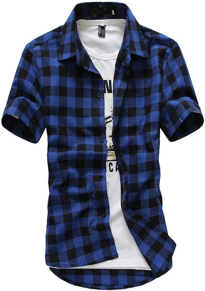 Men's Summer Casual Short Sleeve Buffalo Plaid Button Down Shirt Cotton Work Shirt Standard-Fit Poplin Checked Shirts