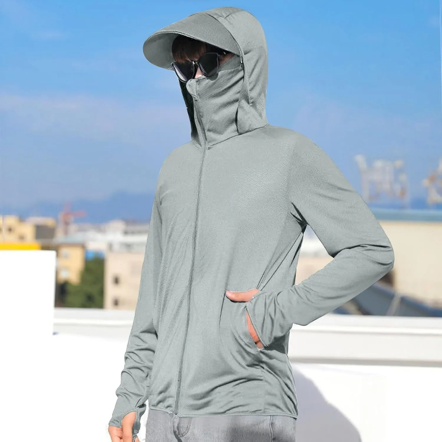 Men's UPF 50  Lightweight Jacket Full Zip Sun Protection Hoodie Long Sleeve Hiking Fishing Sun Shirts with Pockets