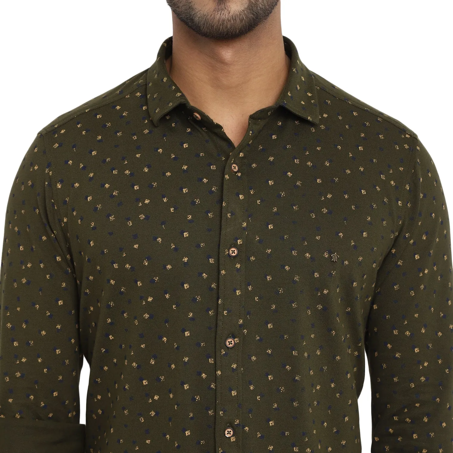 Olive Cotton Printed Slim Fit Shirt