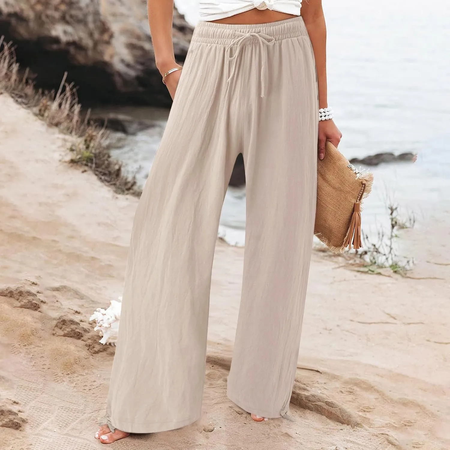 Pantalones para Mujer Linen Pants Comfy Work Pants with Elastic High Waist Paper Bag Linen Dress Pants for Women