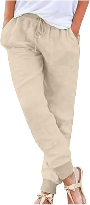 Pants for Women Summer Linen Pants Tapered Elastic Waist Straight Leg Drawstring Beach Trousers with Pockets