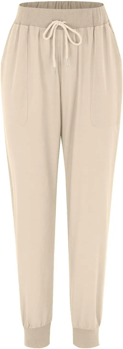 Pants for Women Summer Linen Pants Tapered Elastic Waist Straight Leg Drawstring Beach Trousers with Pockets