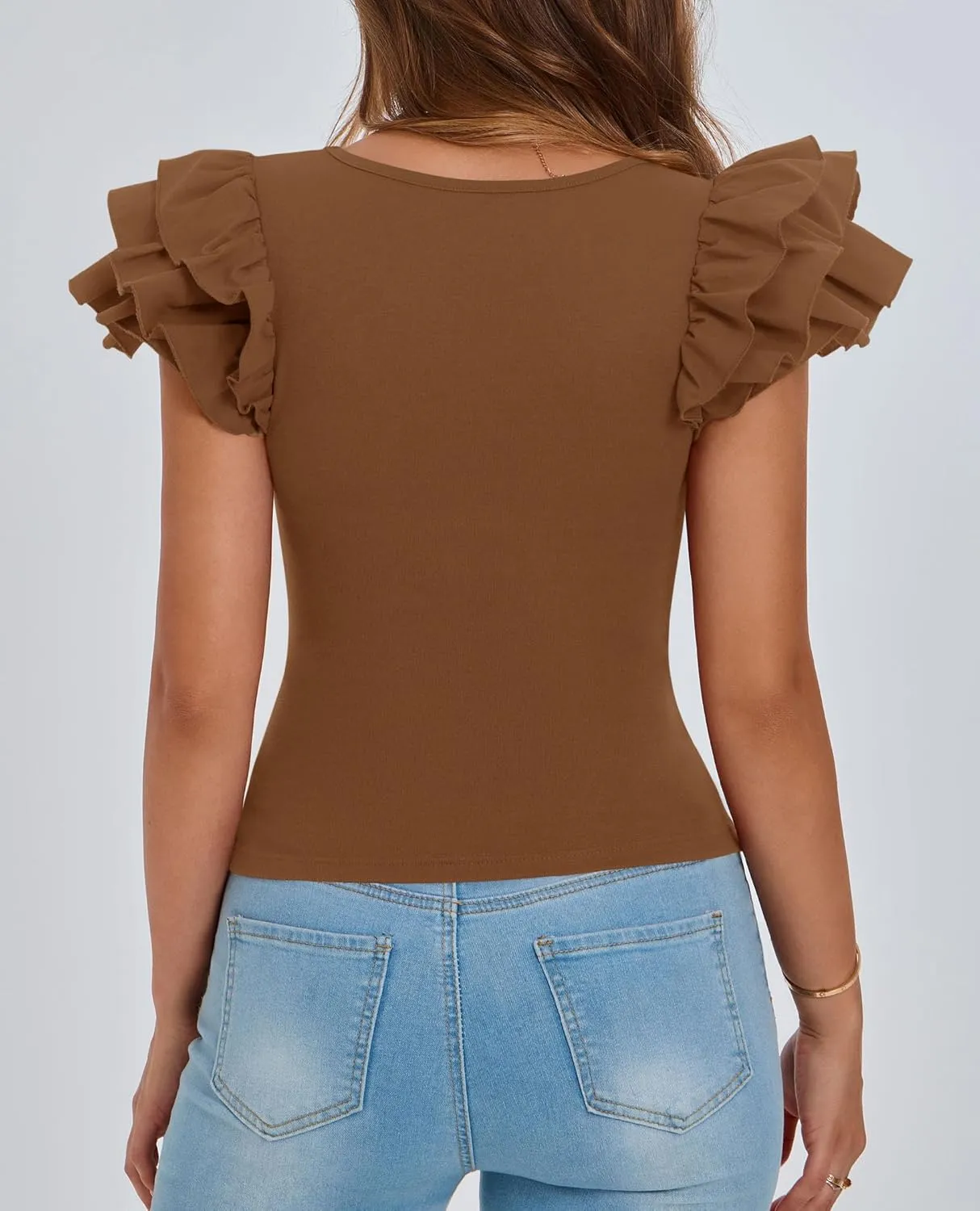 PRETTYGARDEN Women's Ruffle Short Sleeve Shirts 2025 Summer Casual Basic Tee Cute Fitted Crew Neck Fashion Tops Clothes