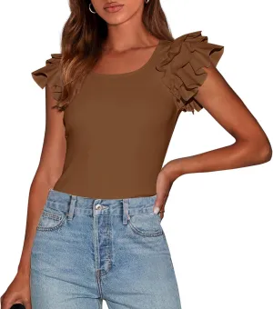 PRETTYGARDEN Women's Ruffle Short Sleeve Shirts 2025 Summer Casual Basic Tee Cute Fitted Crew Neck Fashion Tops Clothes