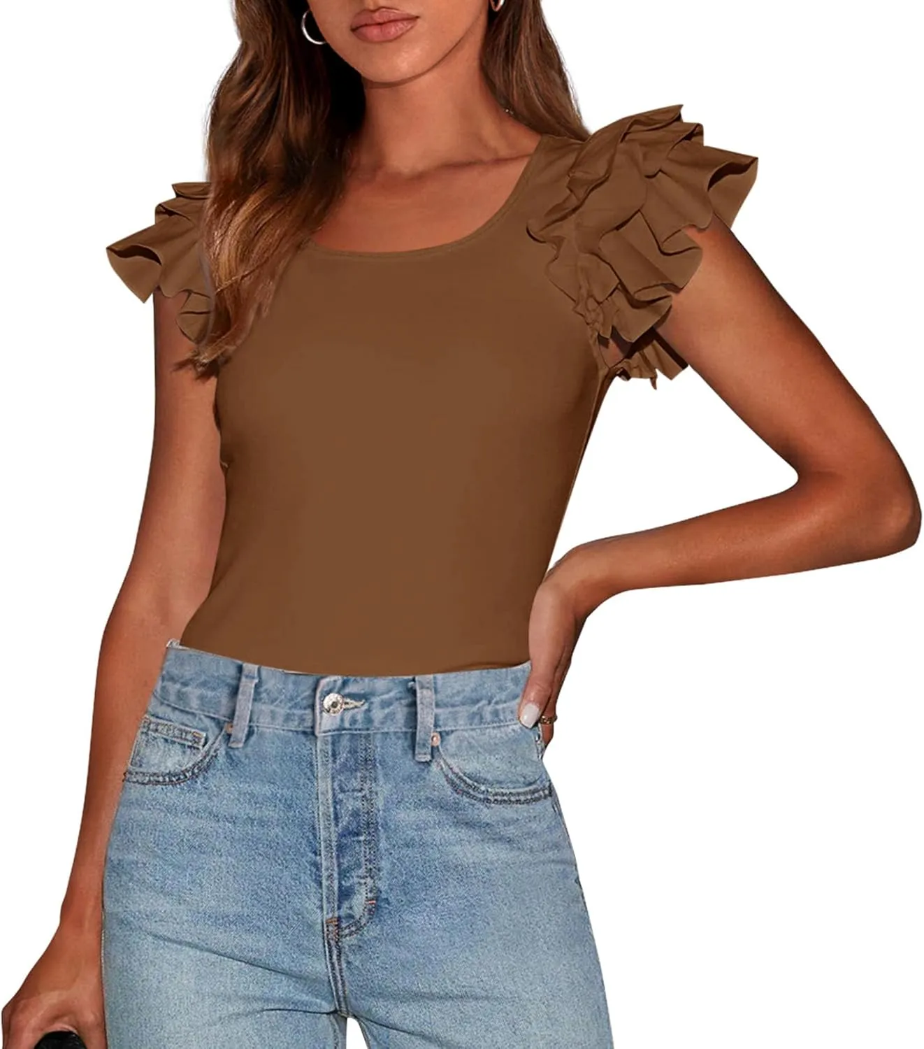 PRETTYGARDEN Women's Ruffle Short Sleeve Shirts 2025 Summer Casual Basic Tee Cute Fitted Crew Neck Fashion Tops Clothes