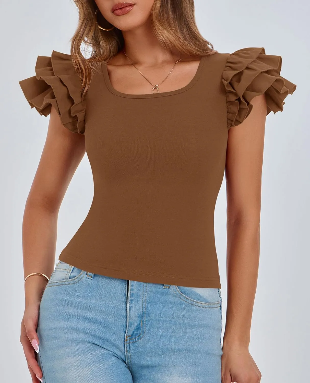 PRETTYGARDEN Women's Ruffle Short Sleeve Shirts 2025 Summer Casual Basic Tee Cute Fitted Crew Neck Fashion Tops Clothes